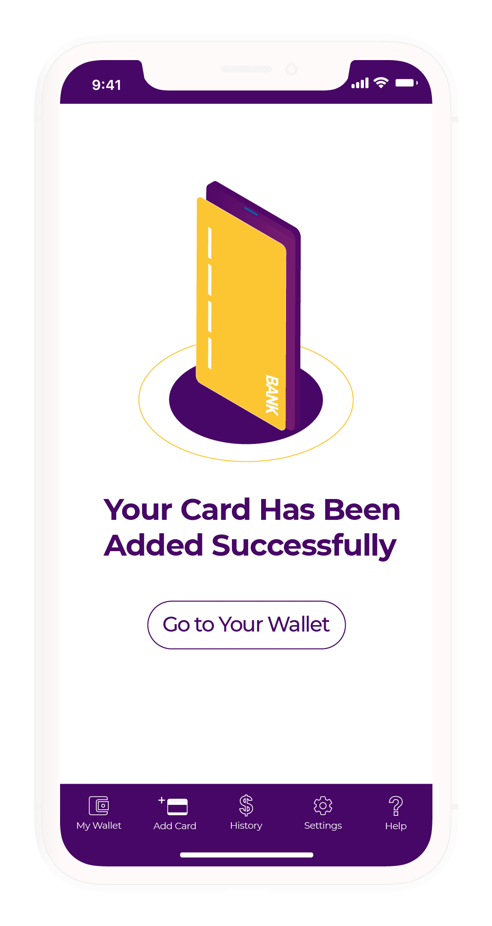 The UI design of the success prompt for when a card has been added successful to an account
